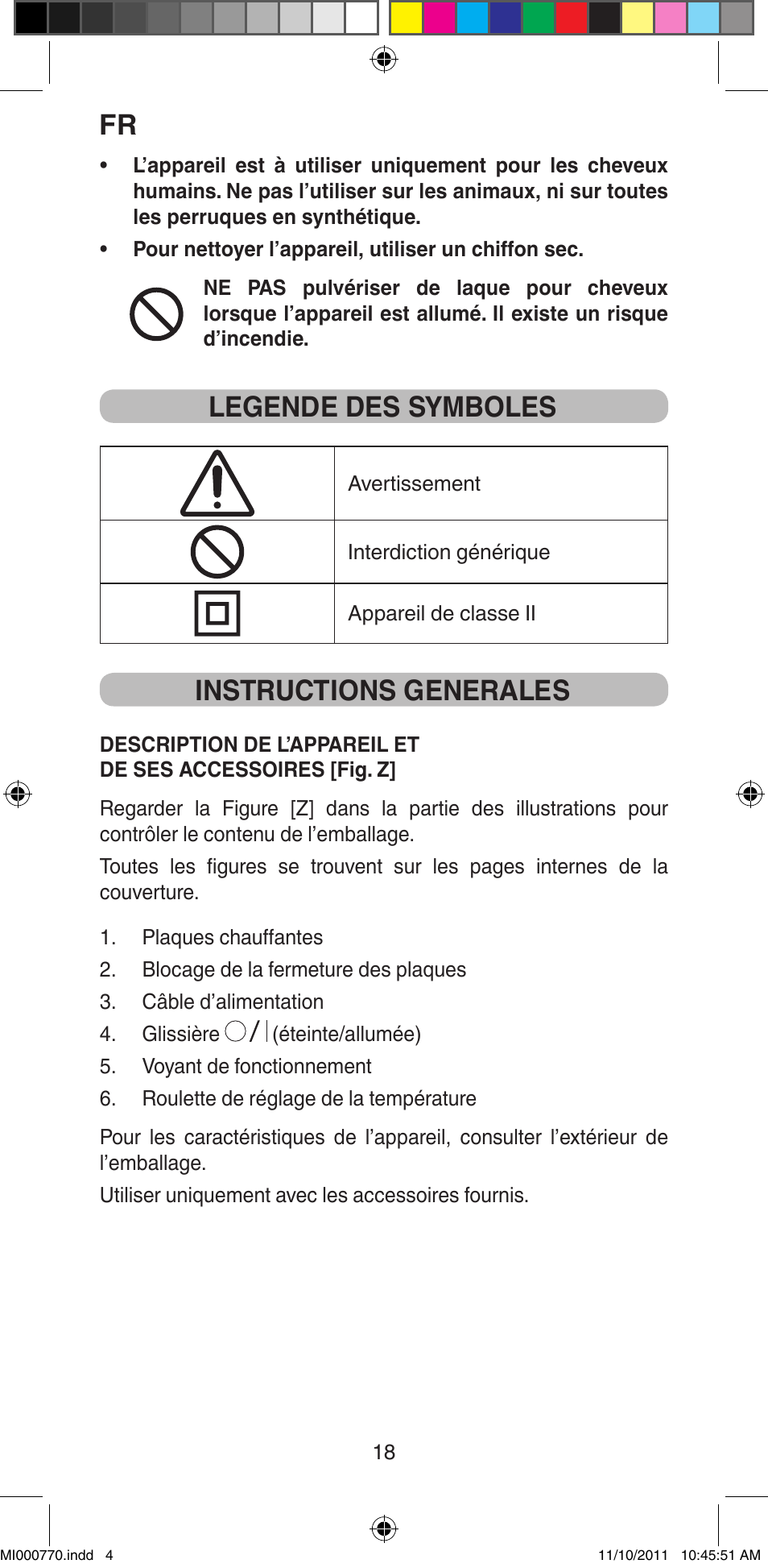 Legende des symboles, Instructions generales | Imetec BELLISSIMA B15 50 User Manual | Page 20 / 66