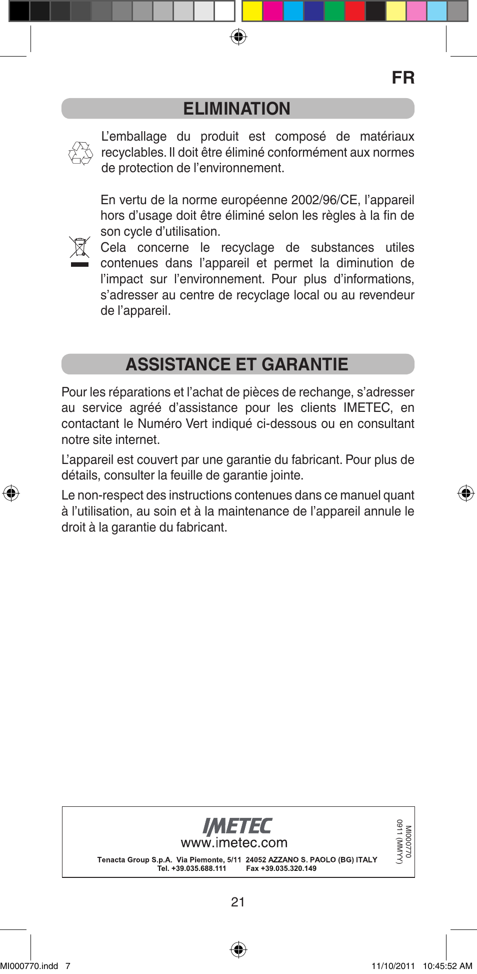 Elimination, Assistance et garantie | Imetec BELLISSIMA B15 50 User Manual | Page 23 / 66