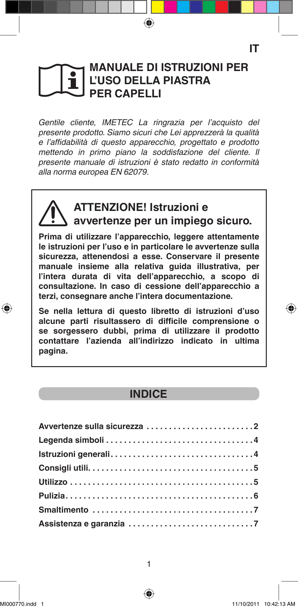 Indice | Imetec BELLISSIMA B15 50 User Manual | Page 3 / 66