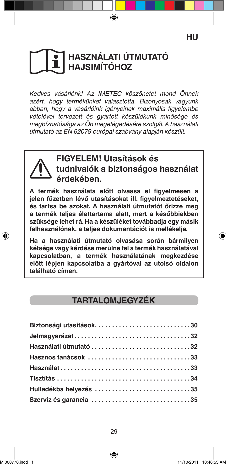 Használati útmutató hajsimítóhoz, Tartalomjegyzék | Imetec BELLISSIMA B15 50 User Manual | Page 31 / 66
