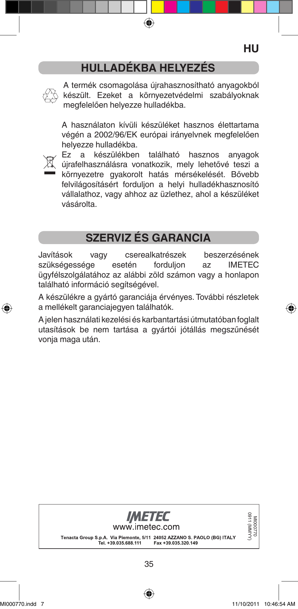 Hulladékba helyezés, Szerviz és garancia | Imetec BELLISSIMA B15 50 User Manual | Page 37 / 66