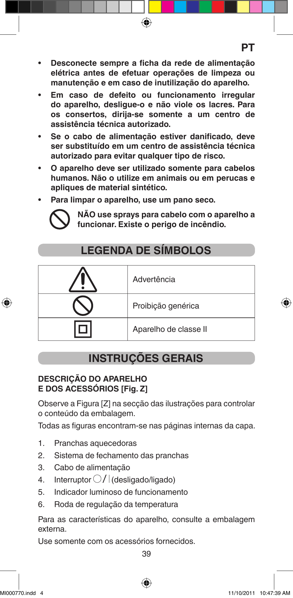 Legenda de símbolos, Instruções gerais | Imetec BELLISSIMA B15 50 User Manual | Page 41 / 66