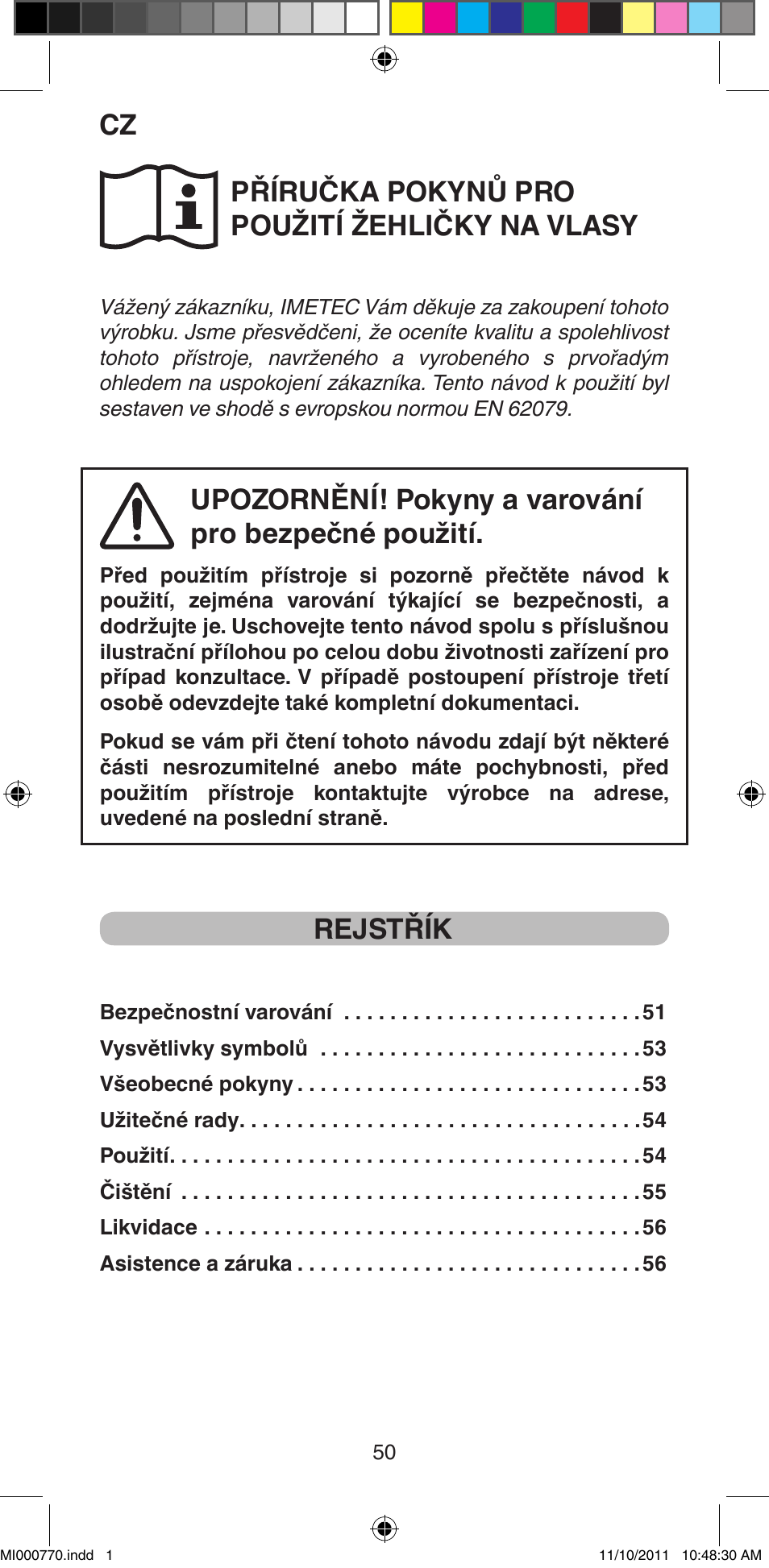 Příručka pokynů pro použití žehličky na vlasy, Upozornění! pokyny a varování pro bezpečné použití, Rejstřík | Imetec BELLISSIMA B15 50 User Manual | Page 52 / 66