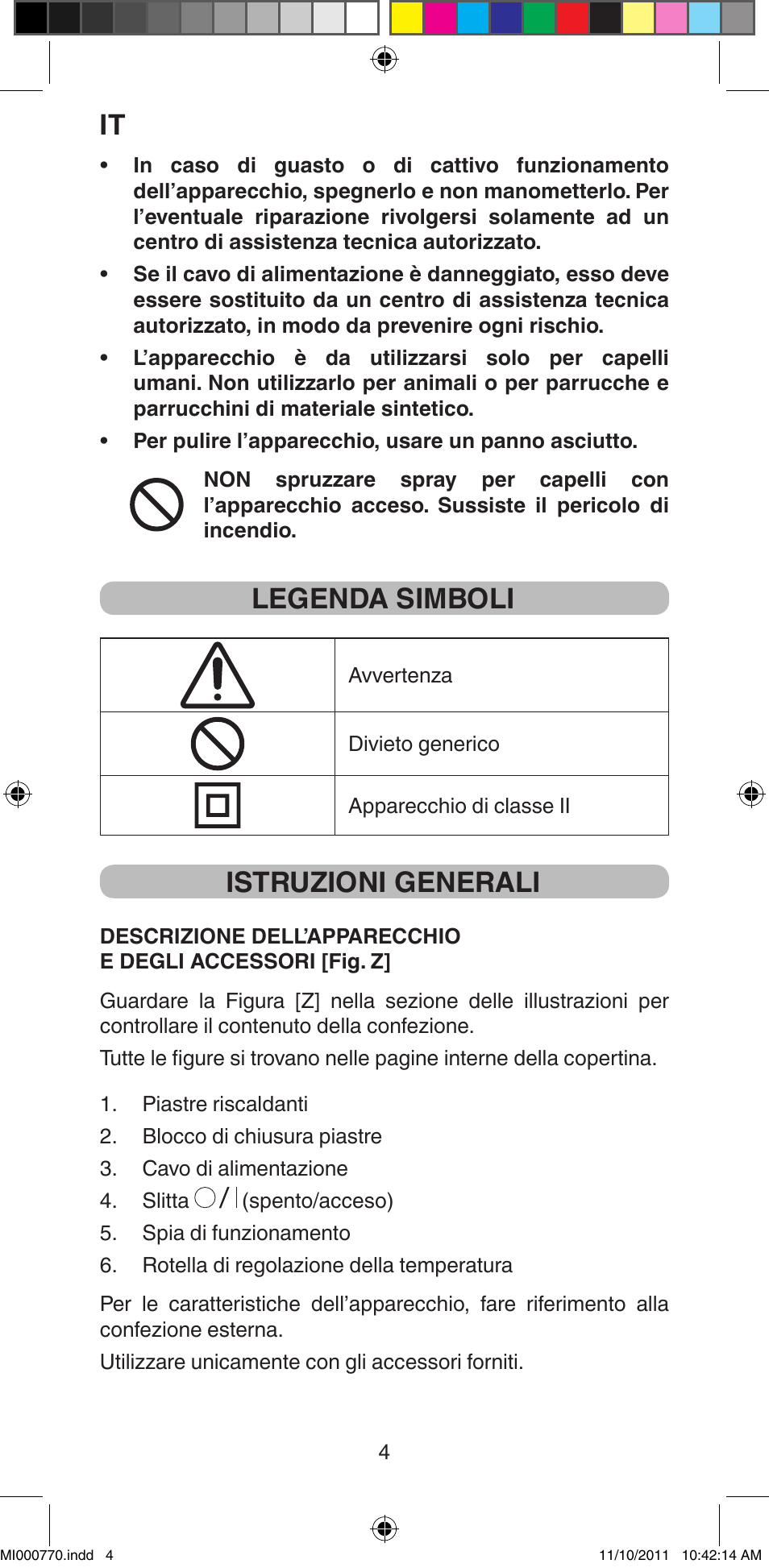 Legenda simboli, Istruzioni generali | Imetec BELLISSIMA B15 50 User Manual | Page 6 / 66