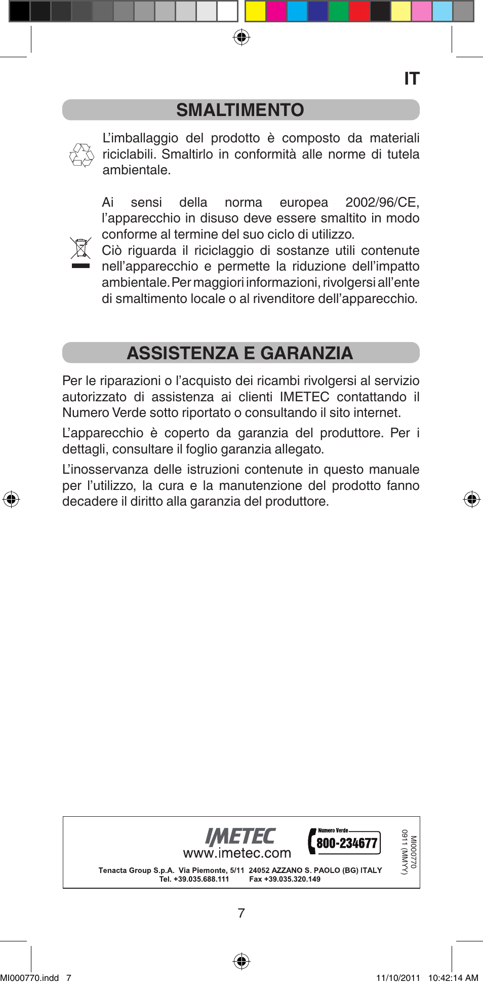 Smaltimento, Assistenza e garanzia | Imetec BELLISSIMA B15 50 User Manual | Page 9 / 66