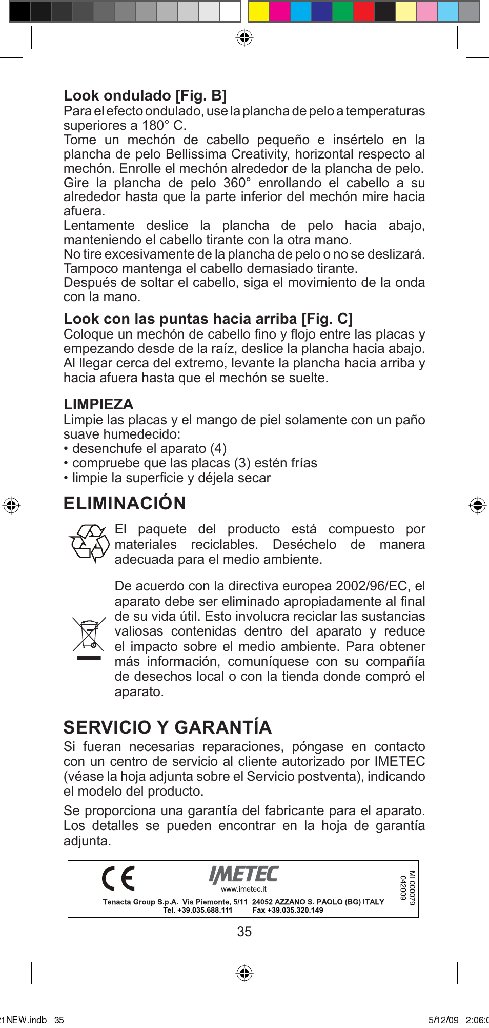 Eliminación, Servicio y garantía, Look ondulado [fig. b | Look con las puntas hacia arriba [fig. c, Limpieza | Imetec BELLISSIMA MINI MC210 User Manual | Page 38 / 49