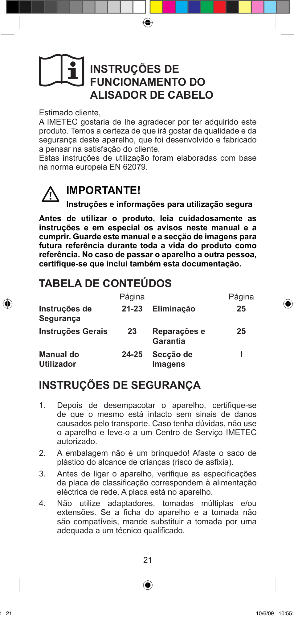 Instruções de funcionamento do alisador de cabelo, Importante, Tabela de conteúdos | Instruções de segurança | Imetec BELLISSIMA MINI MF 200 User Manual | Page 23 / 47