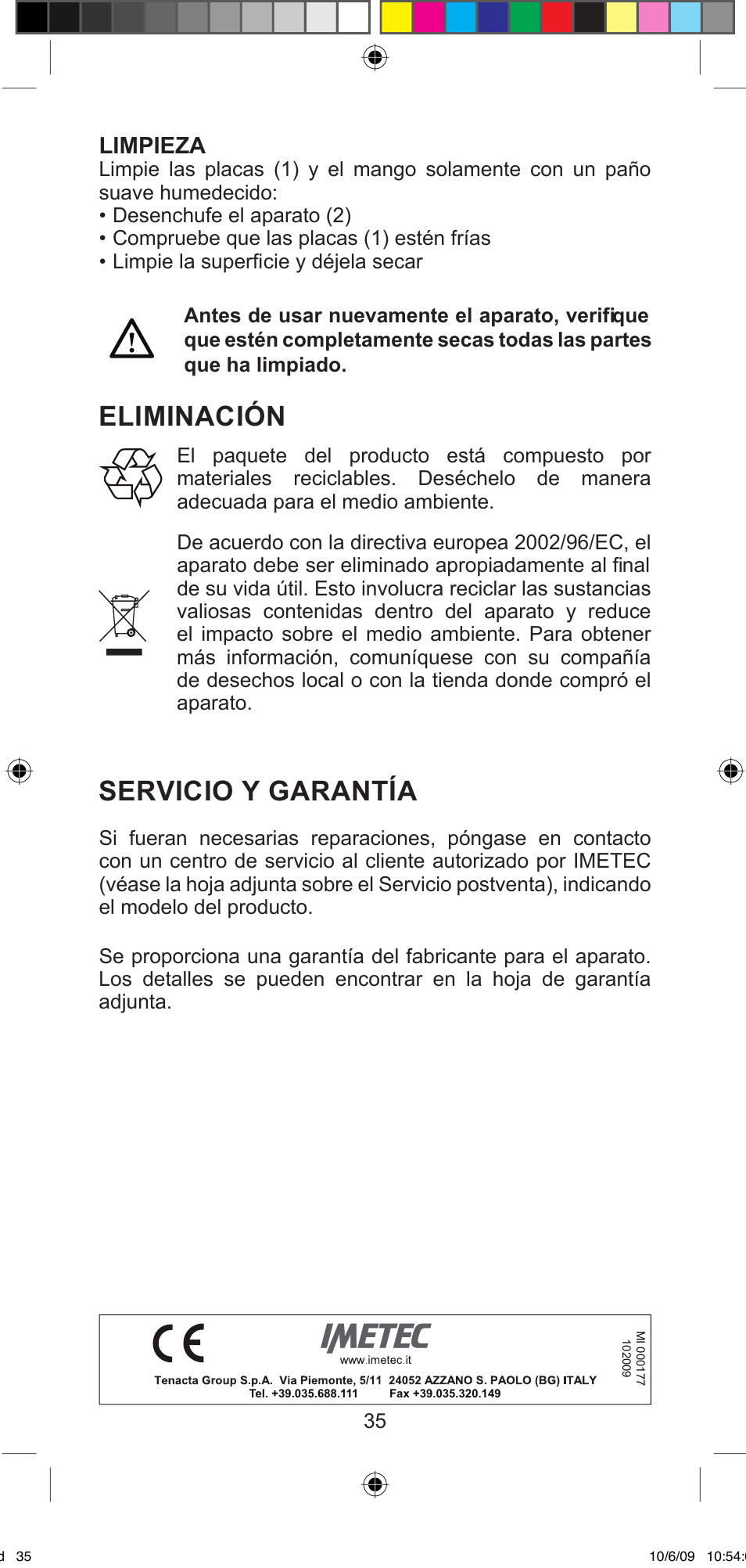 Eliminación, Servicio y garantía, Limpieza | Imetec BELLISSIMA MINI MF 200 User Manual | Page 37 / 47