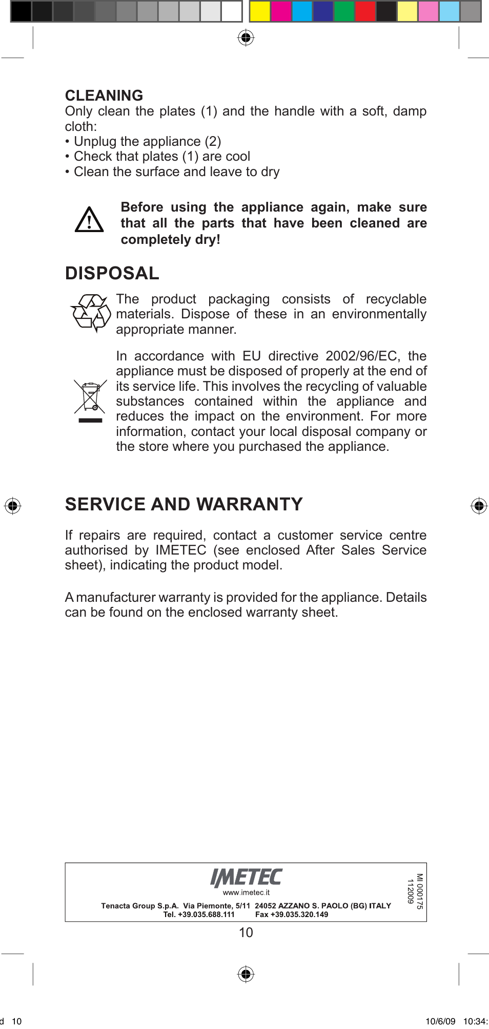 Disposal, Service and warranty, Cleaning | Imetec BELLISSIMA MINI M200 User Manual | Page 12 / 47