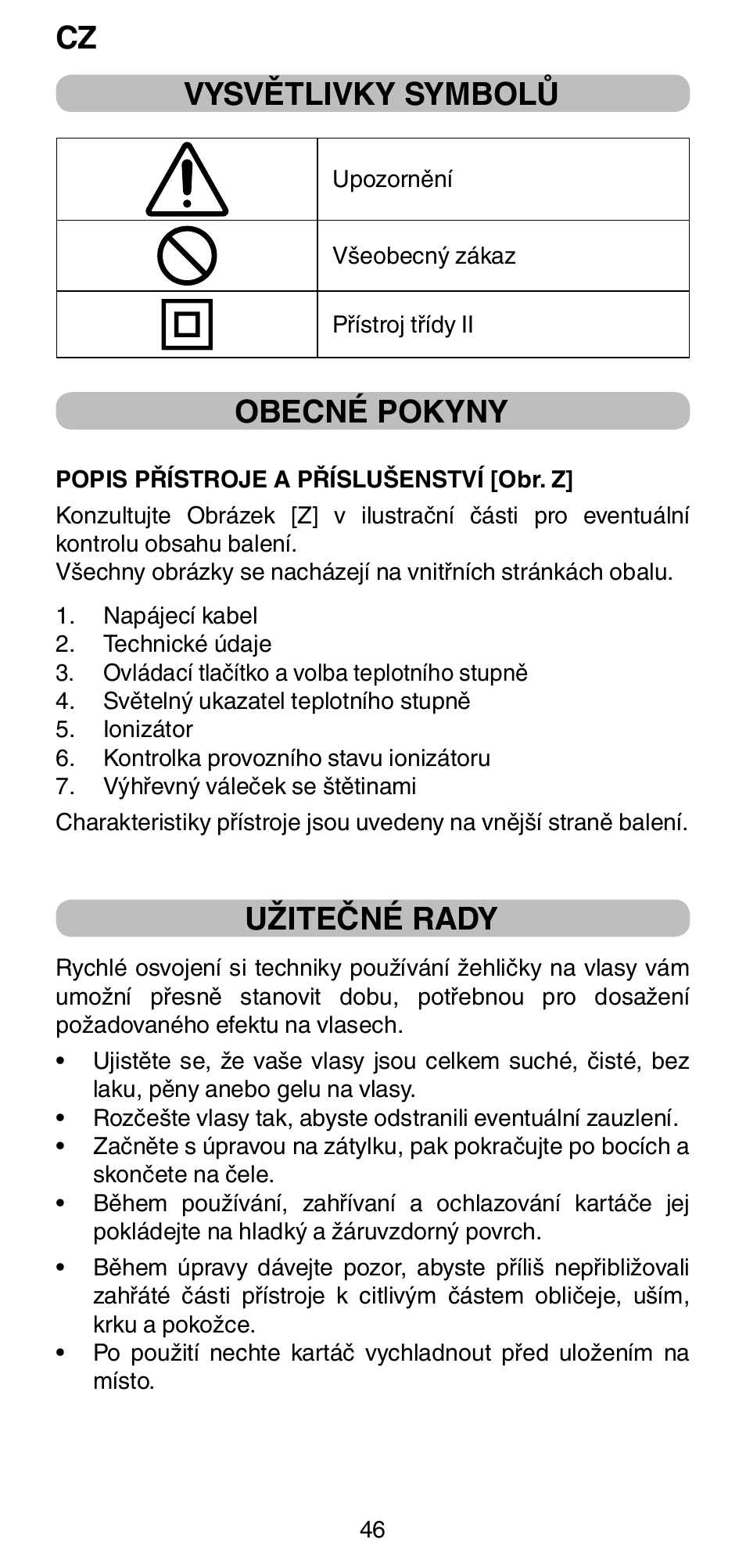 Vysvětlivky symbolů, Obecné pokyny, Užitečné rady | Imetec BELLISSIMA MAGIC STYLE PB4 38 User Manual | Page 48 / 62