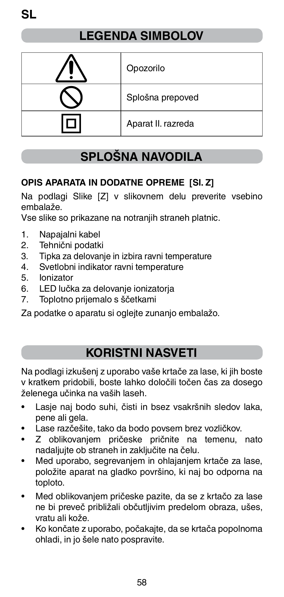 Legenda simbolov, Splošna navodila, Koristni nasveti | Imetec BELLISSIMA MAGIC STYLE PB4 38 User Manual | Page 60 / 62