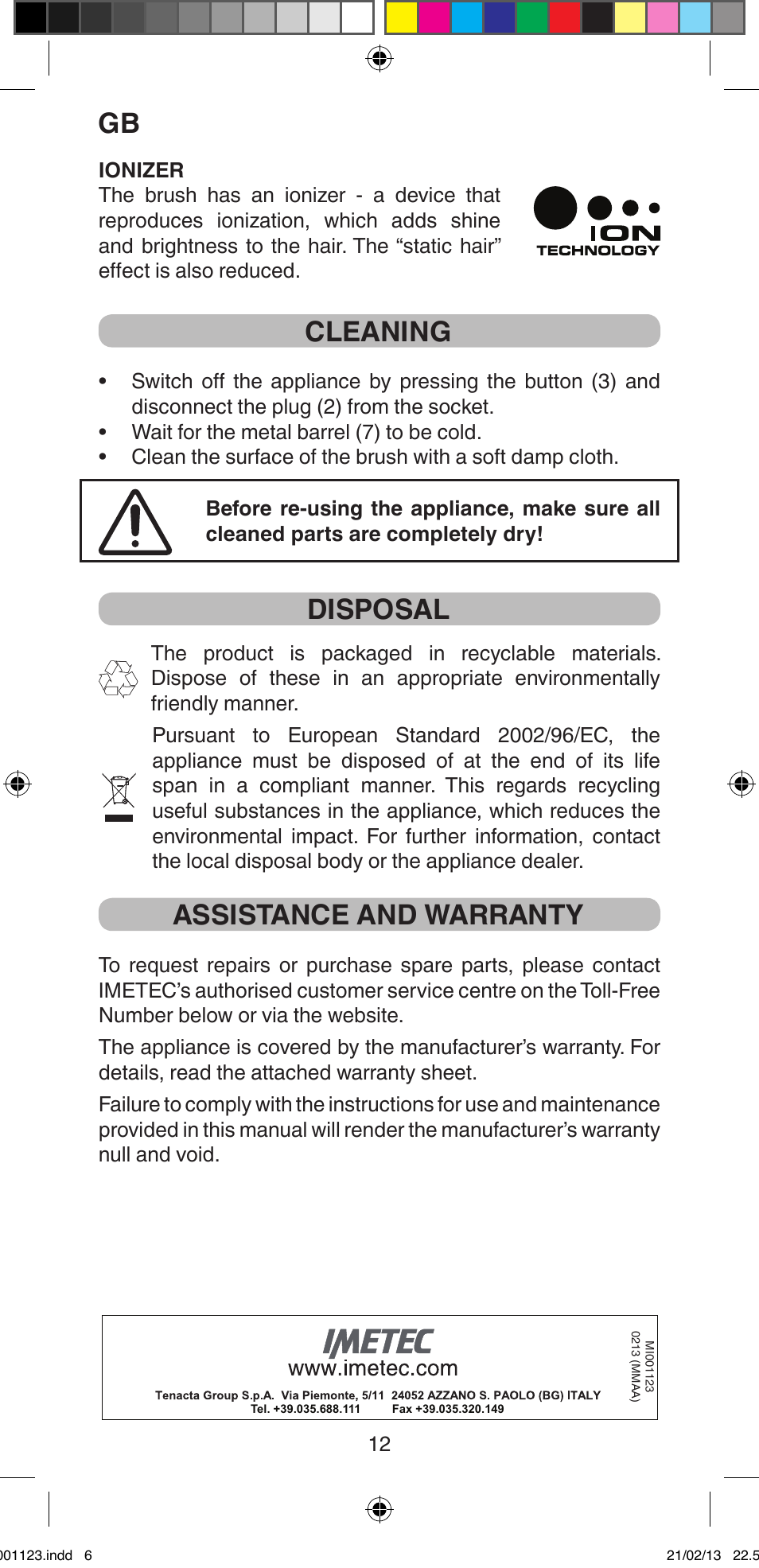 Cleaning, Disposal, Assistance and warranty | Imetec BELLISSIMA MAGIC STYLE PB2 25 User Manual | Page 14 / 56