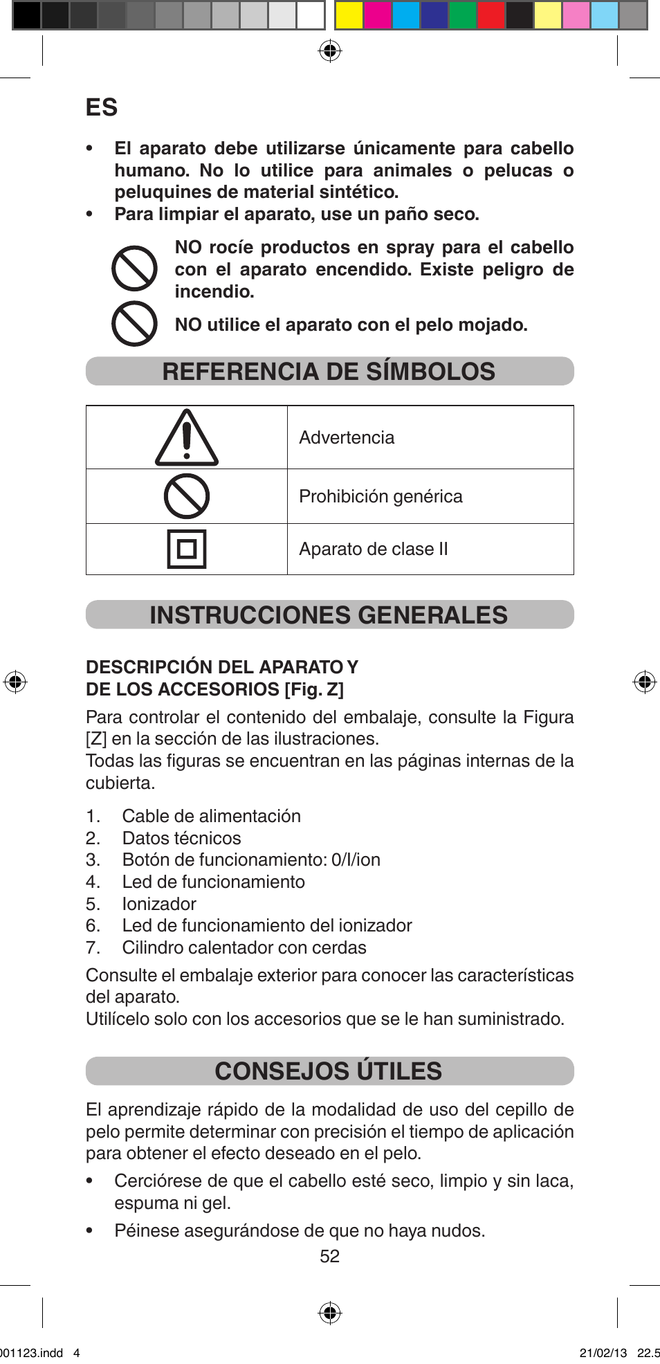 Referencia de símbolos, Instrucciones generales, Consejos útiles | Imetec BELLISSIMA MAGIC STYLE PB2 25 User Manual | Page 54 / 56