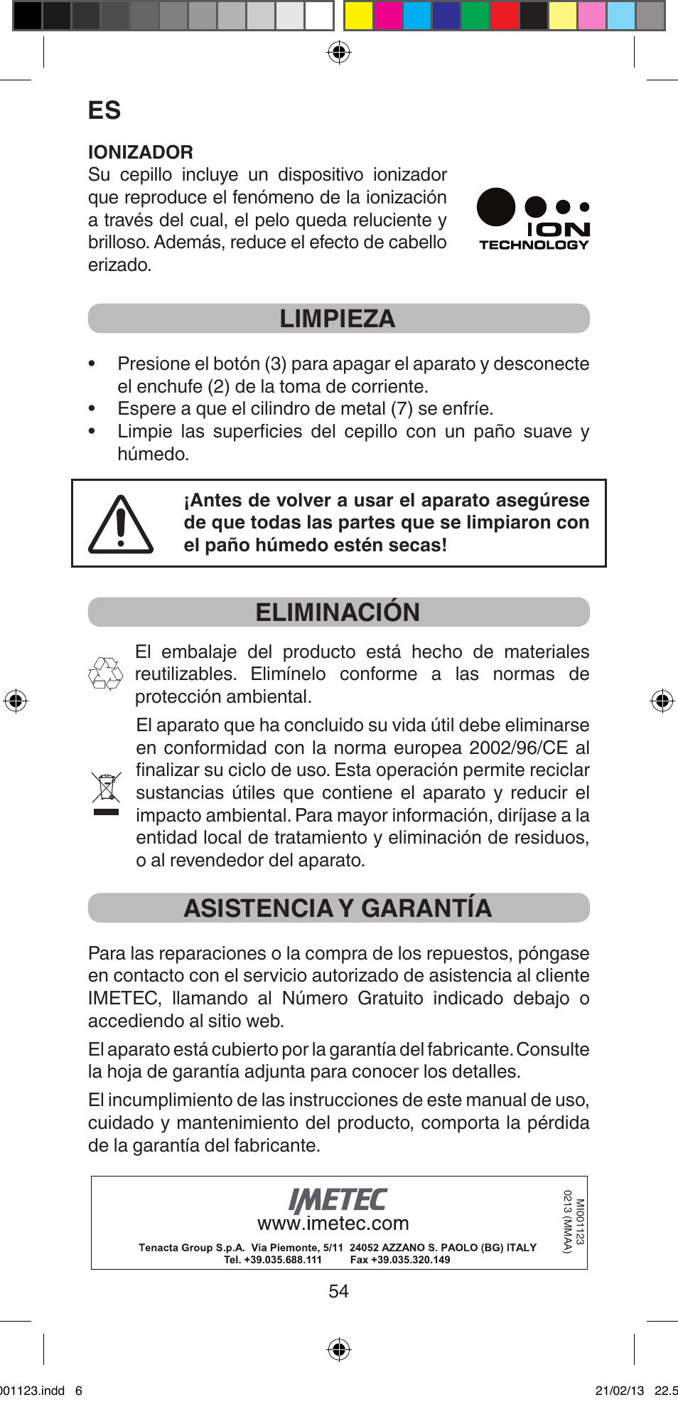 Limpieza, Eliminación, Asistencia y garantía | Imetec BELLISSIMA MAGIC STYLE PB2 25 User Manual | Page 56 / 56