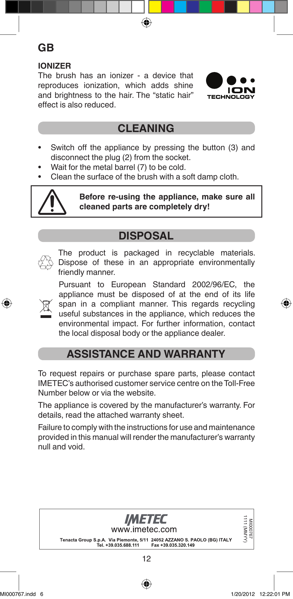 Cleaning, Disposal, Assistance and warranty | Imetec BELLISSIMA MAGIC STYLE PB2 30 User Manual | Page 14 / 50