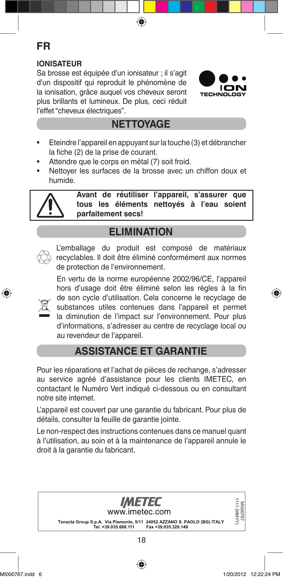 Nettoyage, Elimination, Assistance et garantie | Imetec BELLISSIMA MAGIC STYLE PB2 30 User Manual | Page 20 / 50