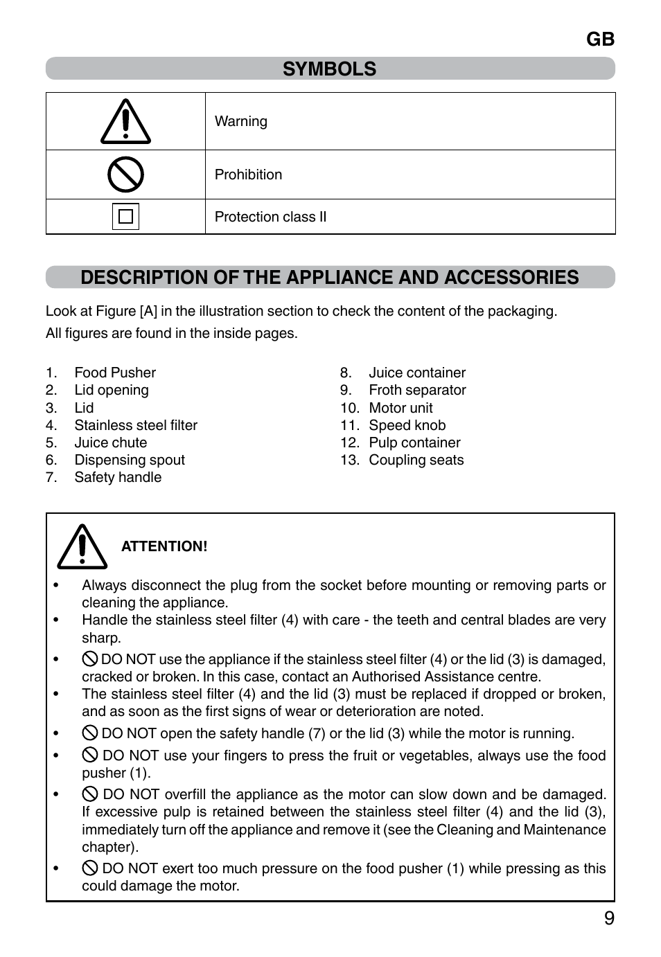 Symbols, Description of the appliance and accessories, Gb 9 | Imetec WELLNESS JE User Manual | Page 11 / 44