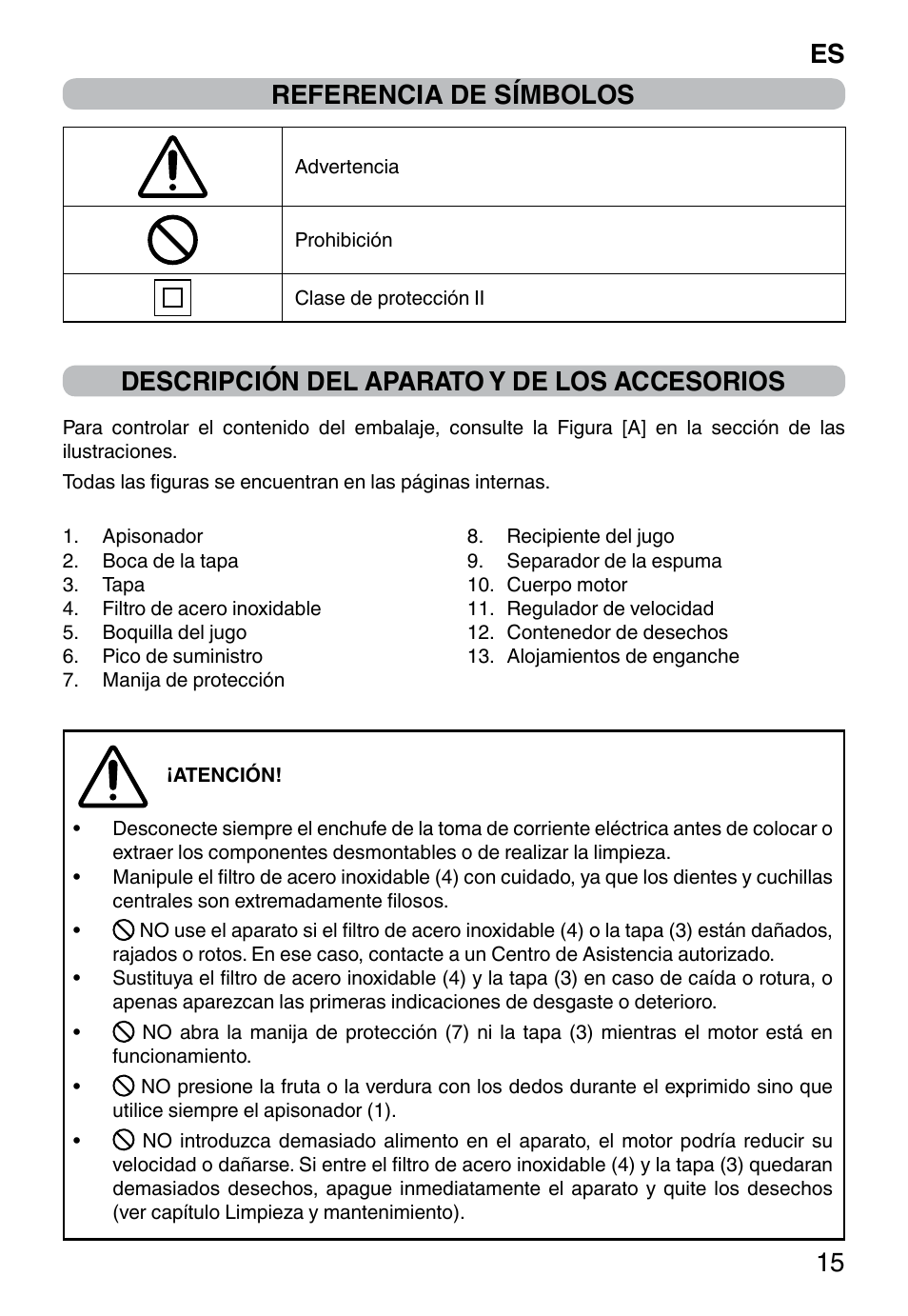 Referencia de símbolos, Descripción del aparato y de los accesorios, Es 15 | Imetec WELLNESS JE User Manual | Page 17 / 44