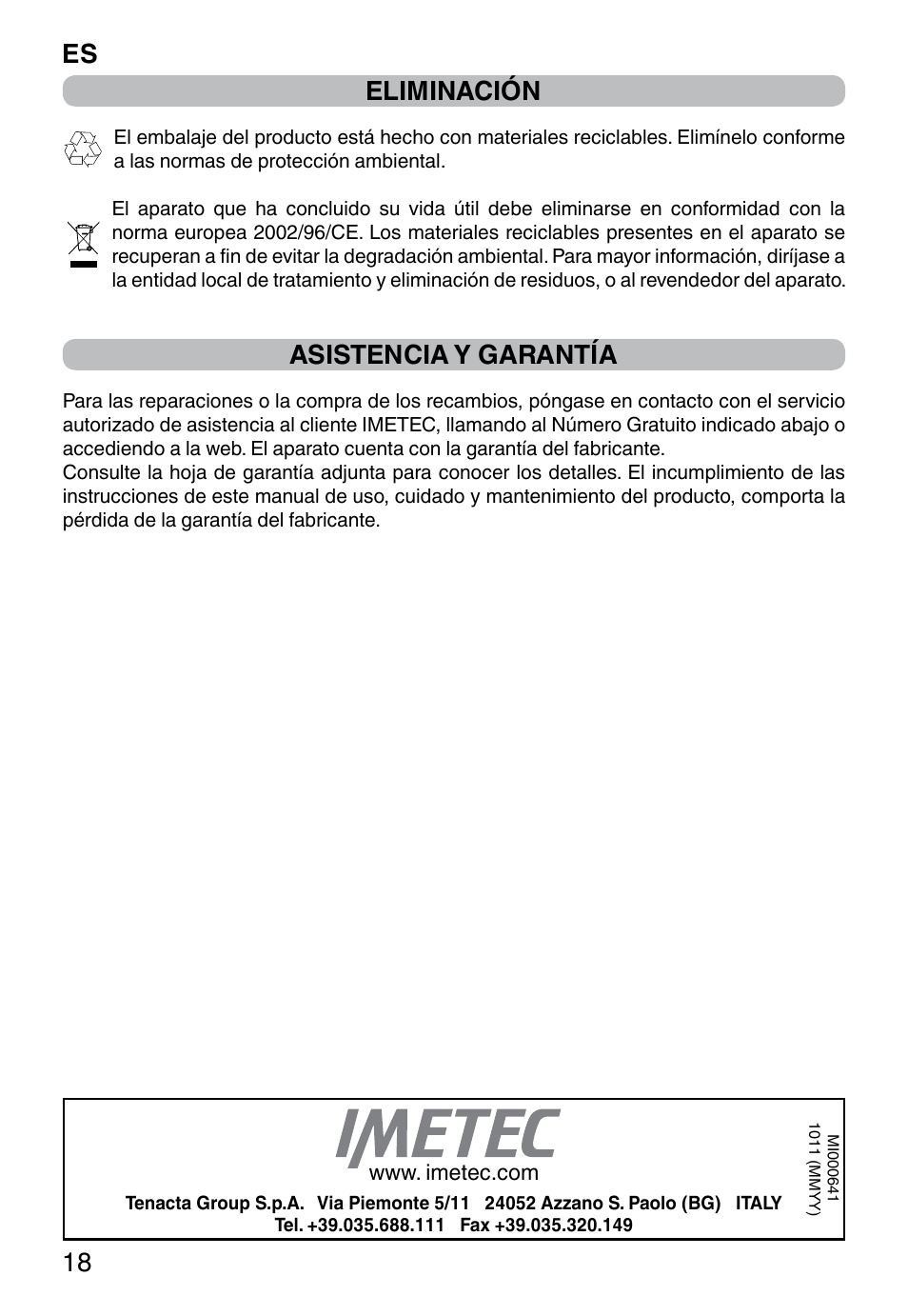 Eliminación, Asistencia y garantía, Es 18 | Imetec WELLNESS JE User Manual | Page 20 / 44