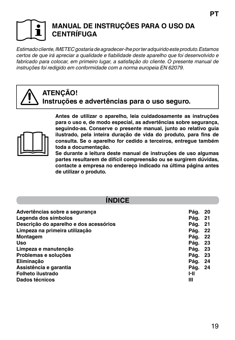 Manual de instruções para o uso da centrífuga, Índice, Pt 19 | Imetec WELLNESS JE User Manual | Page 21 / 44