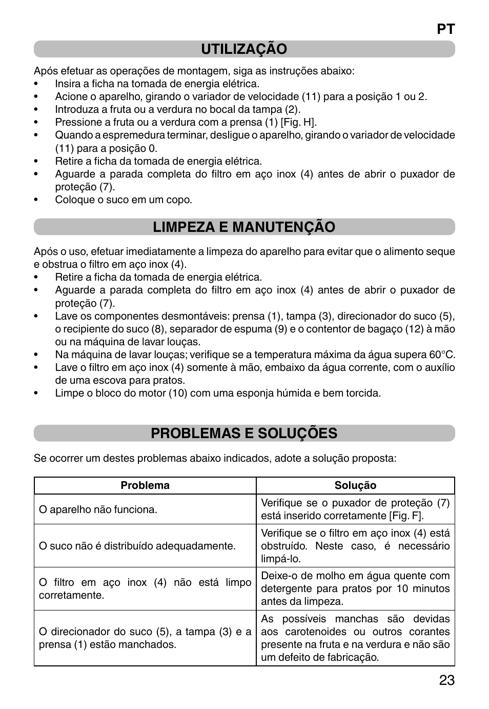 Utilização, Limpeza e manutenção, Problemas e soluções | Pt 23 | Imetec WELLNESS JE User Manual | Page 25 / 44