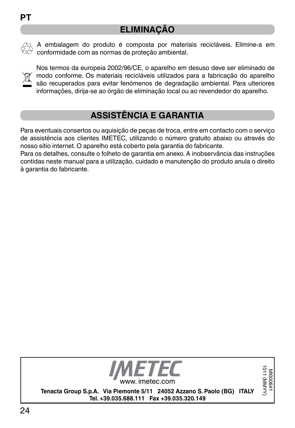 Eliminação, Assistência e garantia, Pt 24 | Imetec WELLNESS JE User Manual | Page 26 / 44