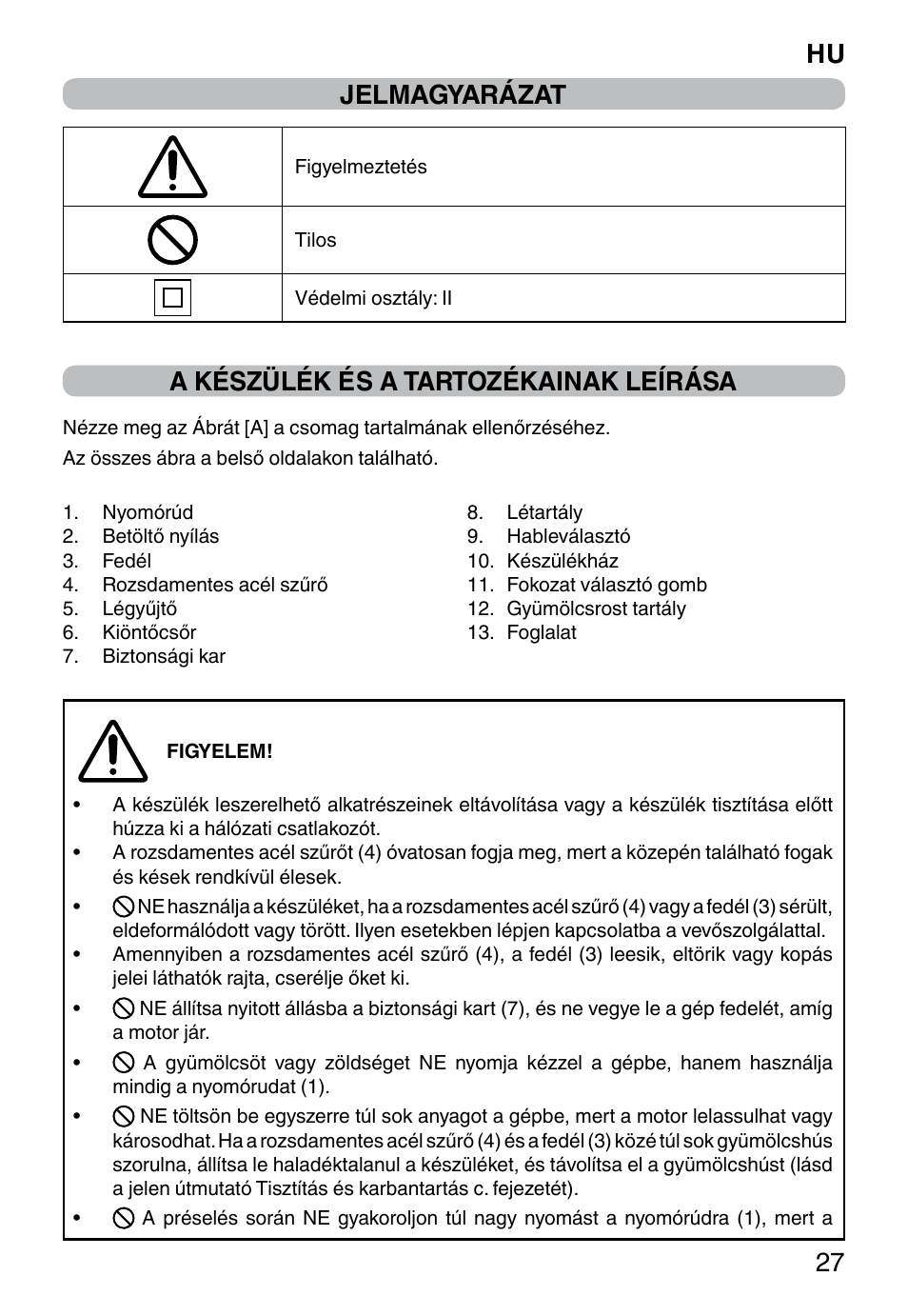 Jelmagyarázat, A készülék és a tartozékainak leírása, Hu 27 | Imetec WELLNESS JE User Manual | Page 29 / 44