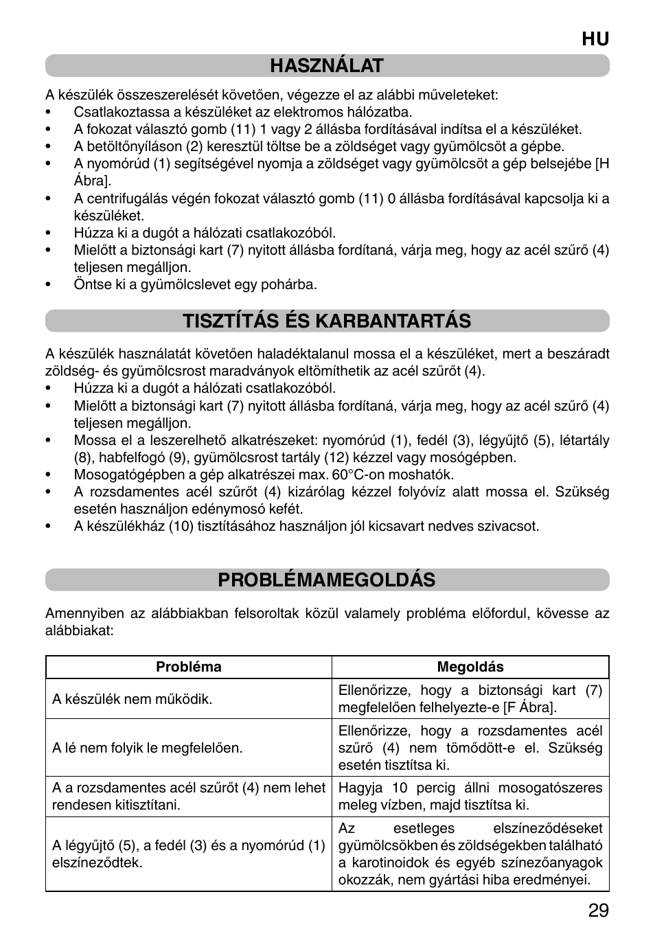 Használat, Tisztítás és karbantartás, Problémamegoldás | Hu 29 | Imetec WELLNESS JE User Manual | Page 31 / 44