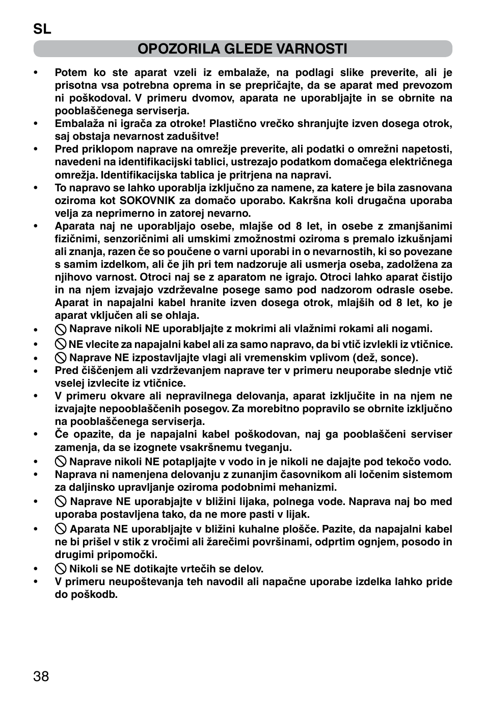 Opozorila glede varnosti, Sl 38 | Imetec WELLNESS JE User Manual | Page 40 / 44