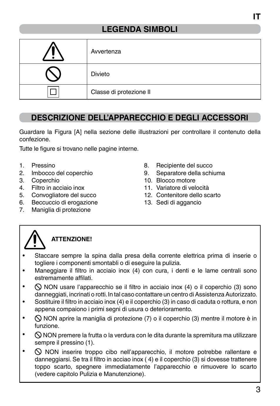 Legenda simboli, Descrizione dell’apparecchio e degli accessori, It 3 | Imetec WELLNESS JE User Manual | Page 5 / 44