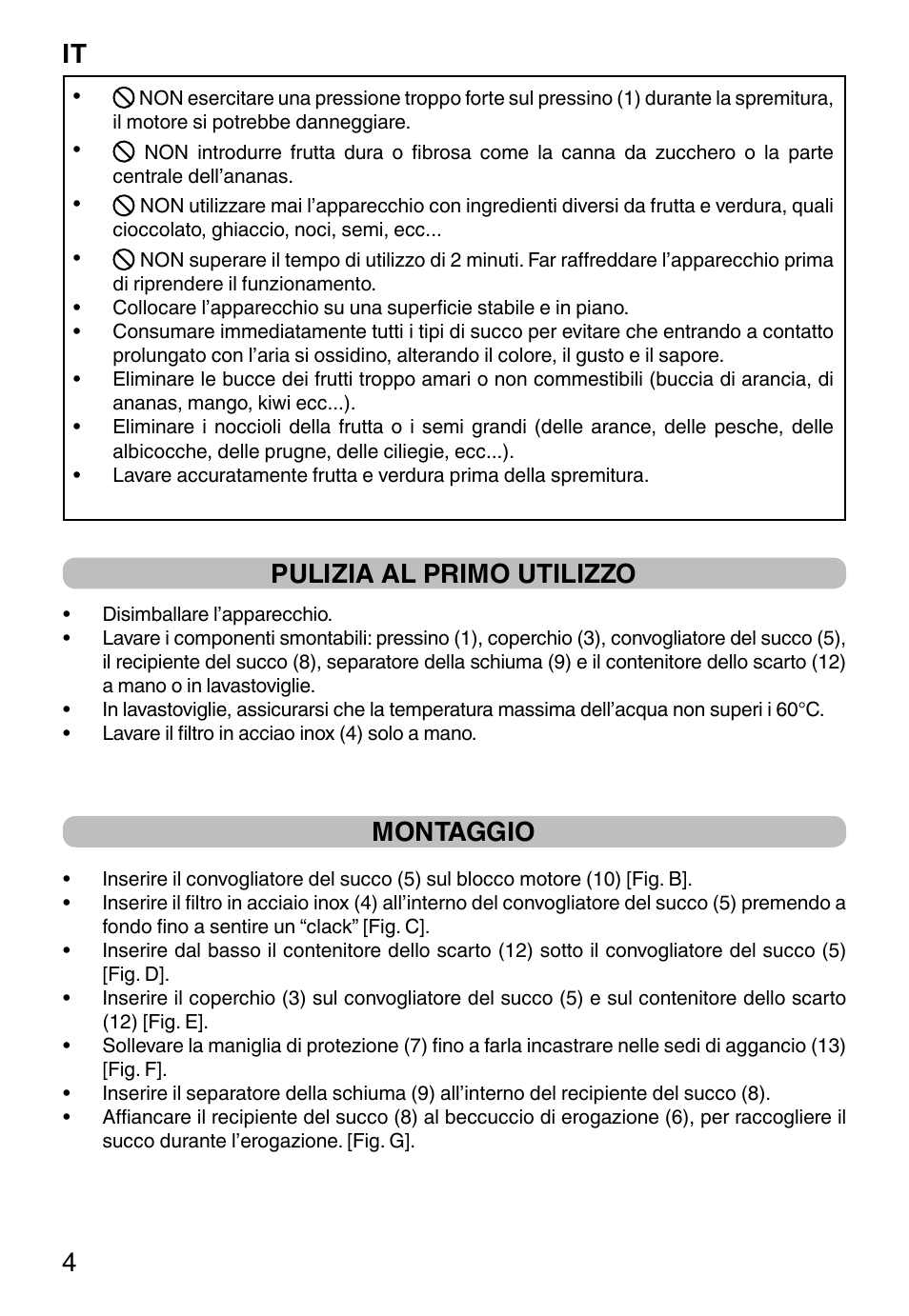 Pulizia al primo utilizzo, Montaggio, It 4 | Imetec WELLNESS JE User Manual | Page 6 / 44