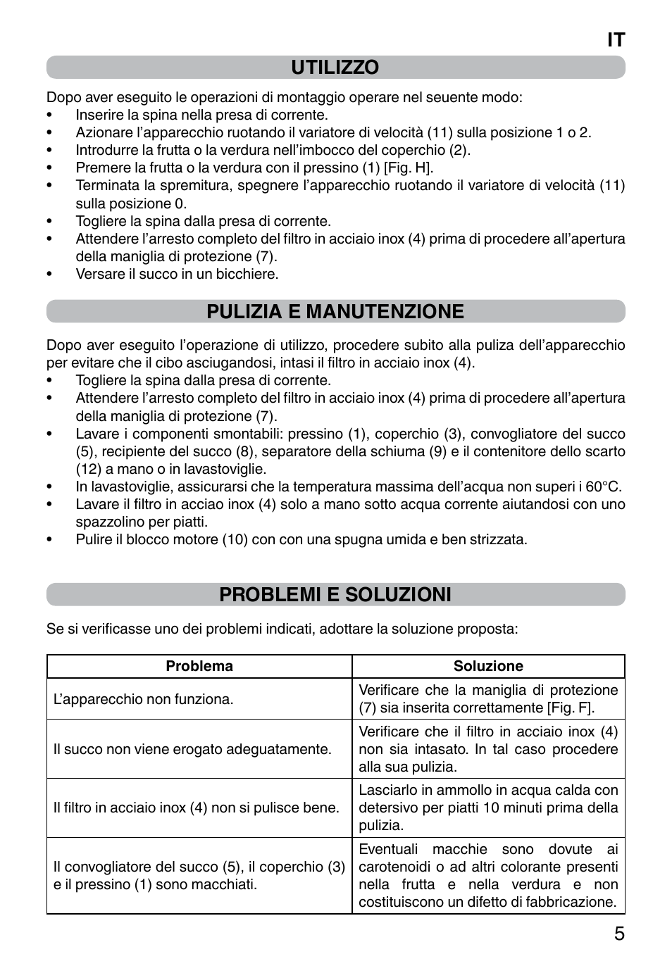 Utilizzo, Pulizia e manutenzione, Problemi e soluzioni | It 5 | Imetec WELLNESS JE User Manual | Page 7 / 44