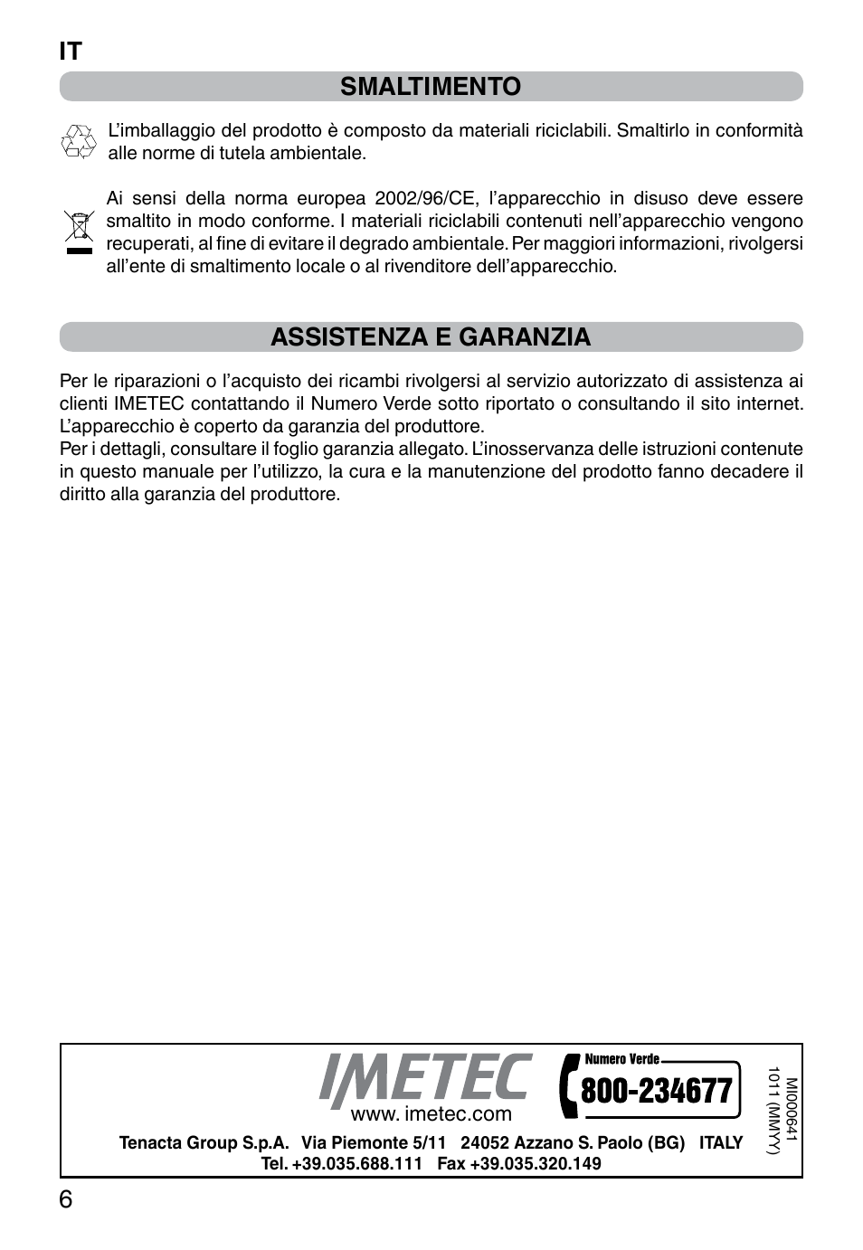 Smaltimento, Assistenza e garanzia, It 6 | Imetec WELLNESS JE User Manual | Page 8 / 44