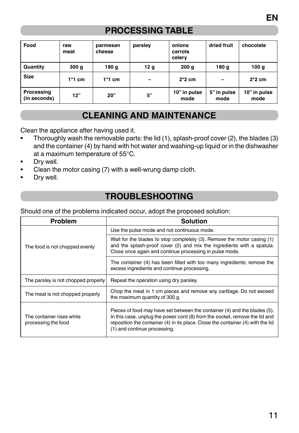 En 11 processing table, Cleaning and maintenance, Troubleshooting | Imetec PROFESSIONAL SERIE CH 2000 User Manual | Page 13 / 50