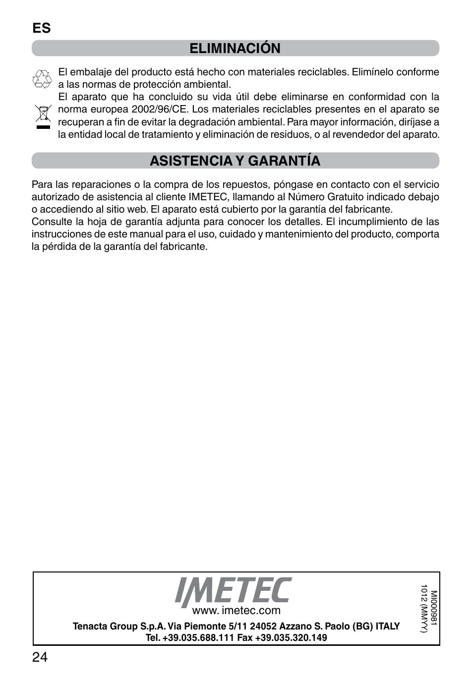 Es 24, Eliminación, Asistencia y garantía | Imetec PROFESSIONAL SERIE CH 2000 User Manual | Page 26 / 50