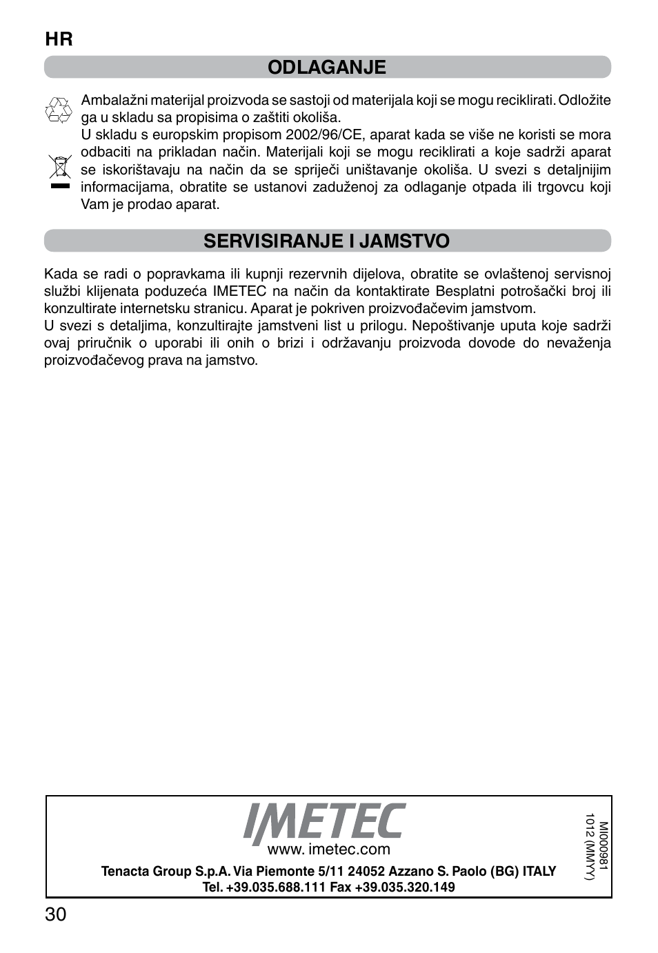 Hr 30, Odlaganje, Servisiranje i jamstvo | Imetec PROFESSIONAL SERIE CH 2000 User Manual | Page 32 / 50