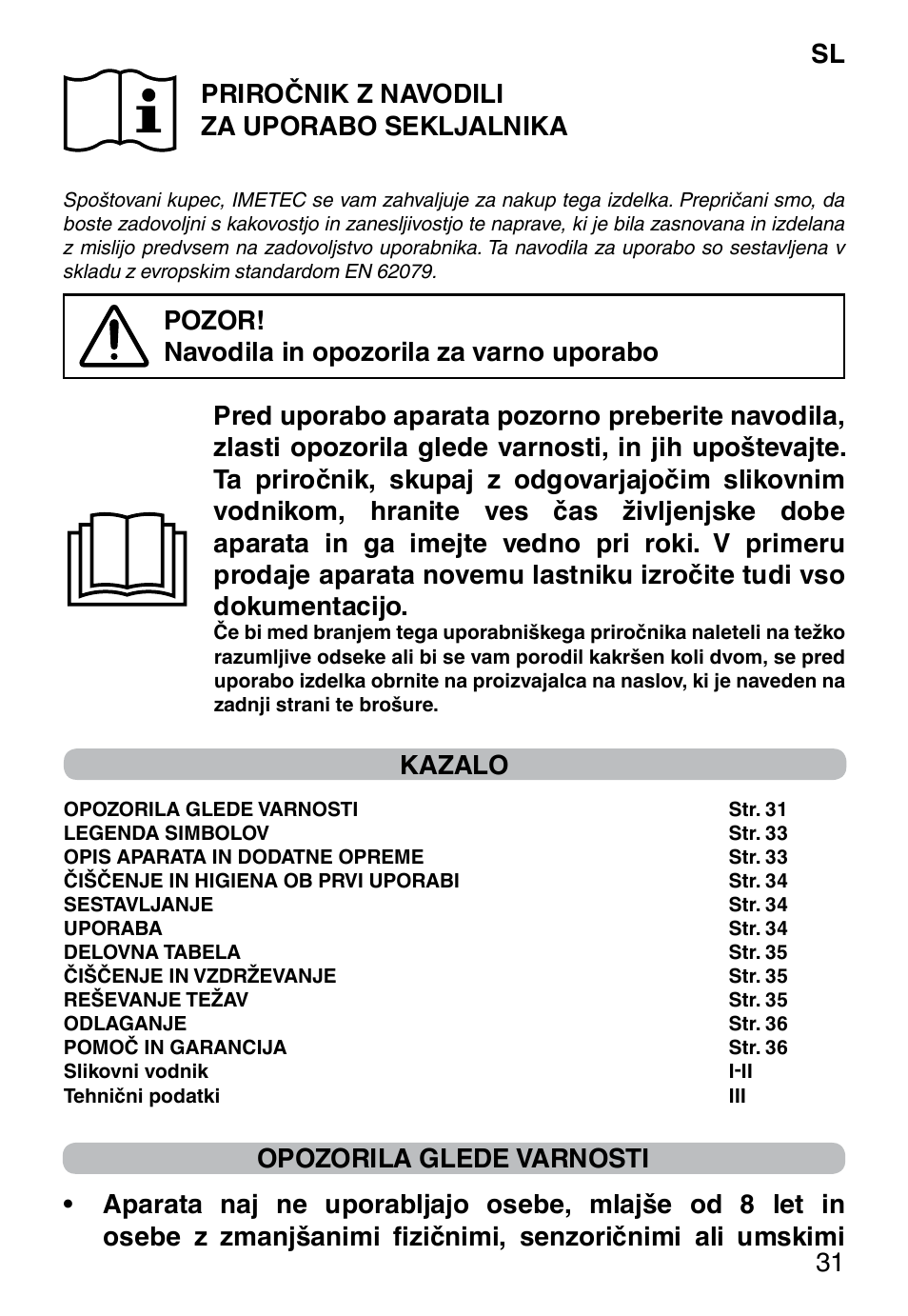 Sl 31 priročnik z navodili za uporabo sekljalnika, Kazalo | Imetec PROFESSIONAL SERIE CH 2000 User Manual | Page 33 / 50