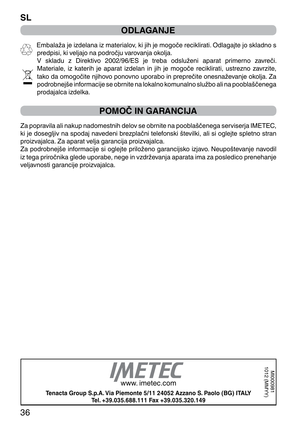 Sl 36, Odlaganje, Pomoč in garancija | Imetec PROFESSIONAL SERIE CH 2000 User Manual | Page 38 / 50