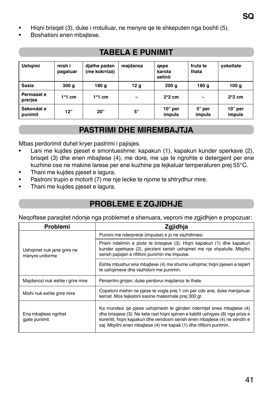 Sq 41, Tabela e punimit, Pastrimi dhe mirembajtja | Probleme e zgjidhje | Imetec PROFESSIONAL SERIE CH 2000 User Manual | Page 43 / 50