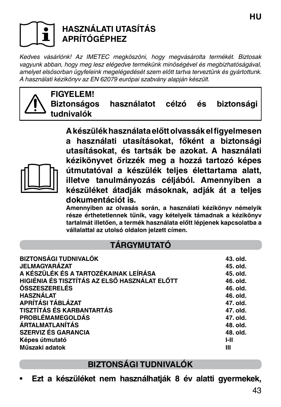 Hu 43 használati utasítás aprítógéphez, Tárgymutató | Imetec PROFESSIONAL SERIE CH 2000 User Manual | Page 45 / 50