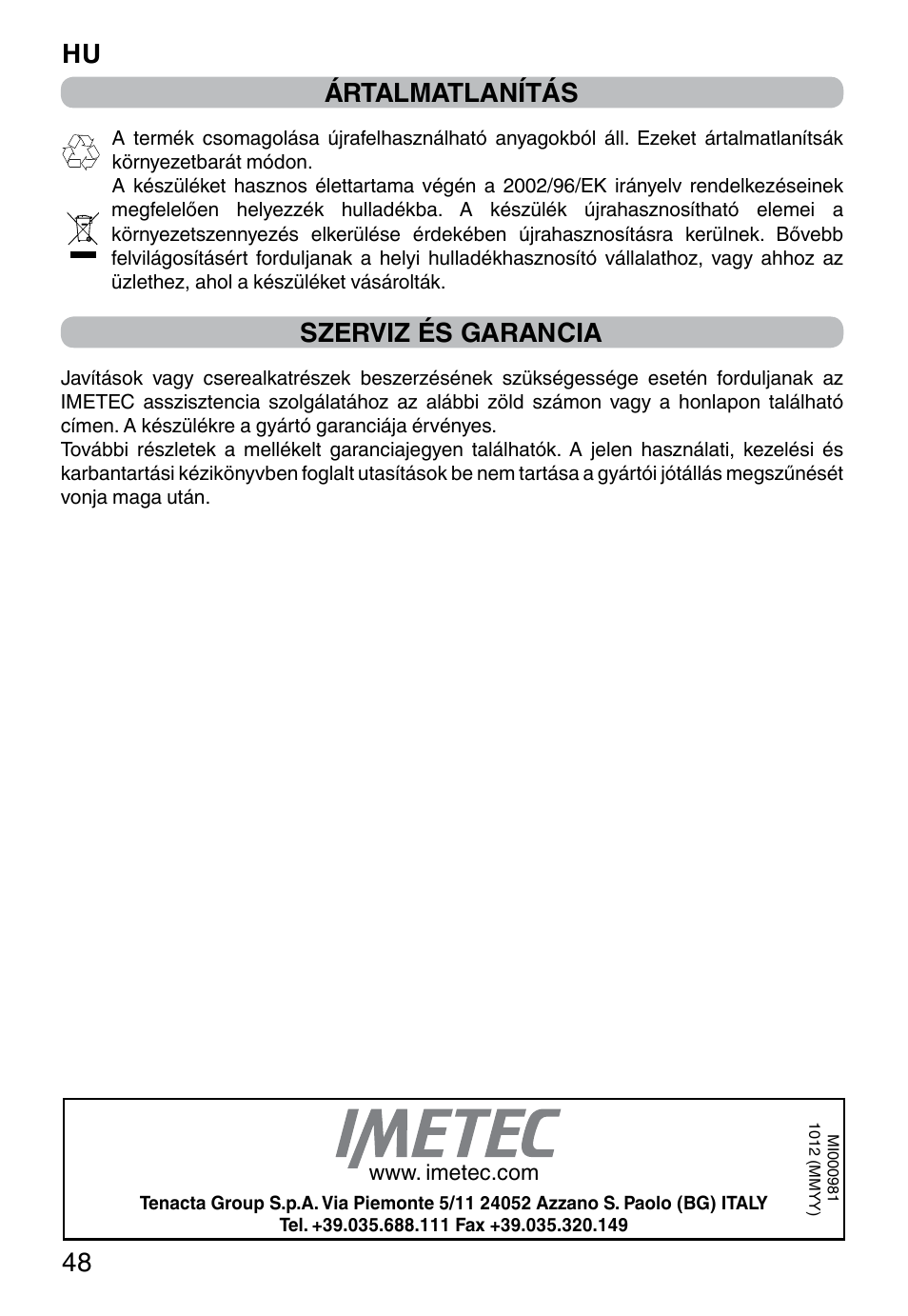 Hu 48 ártalmatlanítás, Szerviz és garancia | Imetec PROFESSIONAL SERIE CH 2000 User Manual | Page 50 / 50