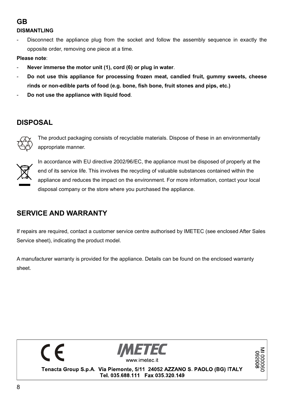 Disposal, Service and warranty | Imetec BIMBO HM3 User Manual | Page 10 / 30