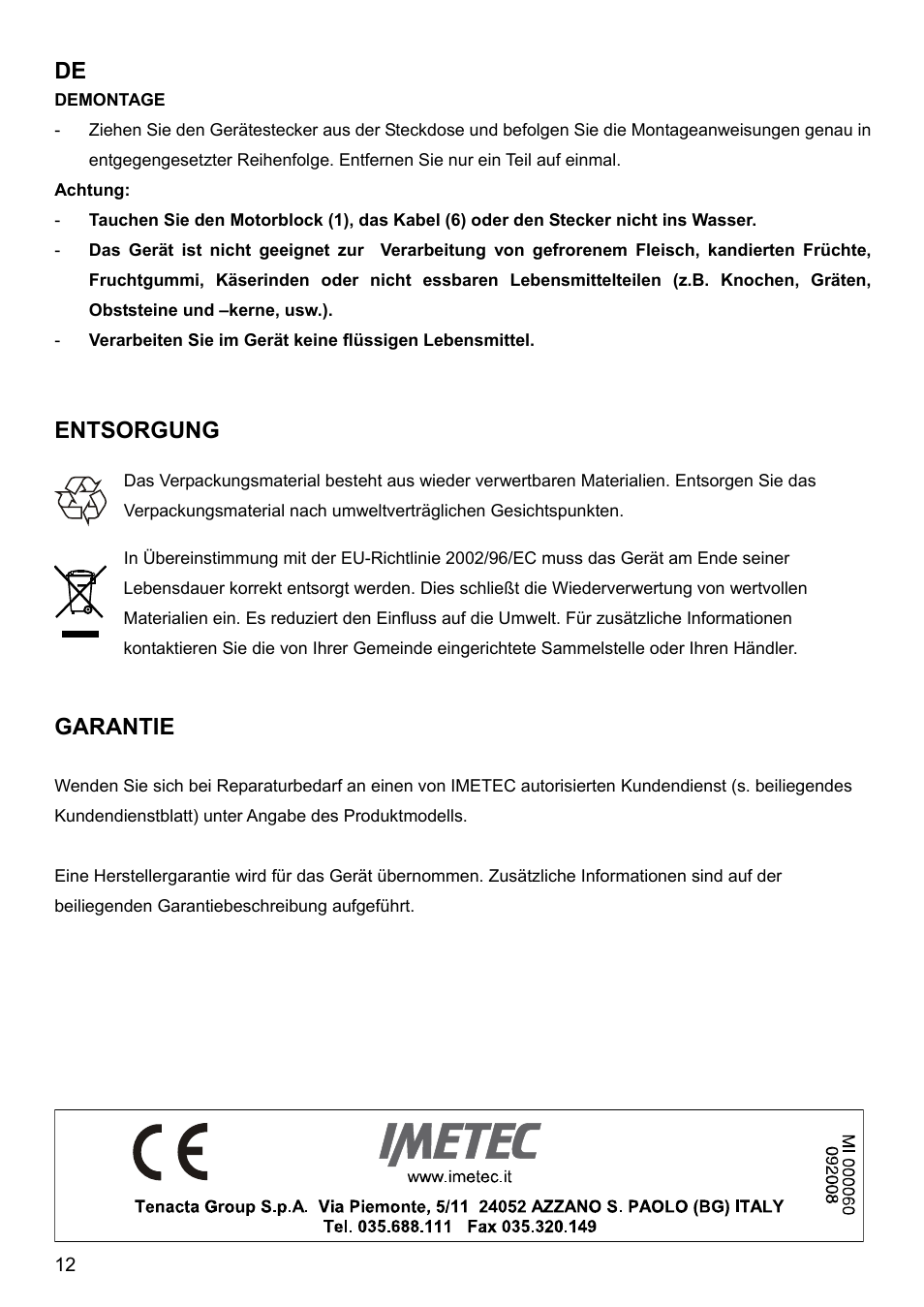 Entsorgung, Garantie | Imetec BIMBO HM3 User Manual | Page 14 / 30