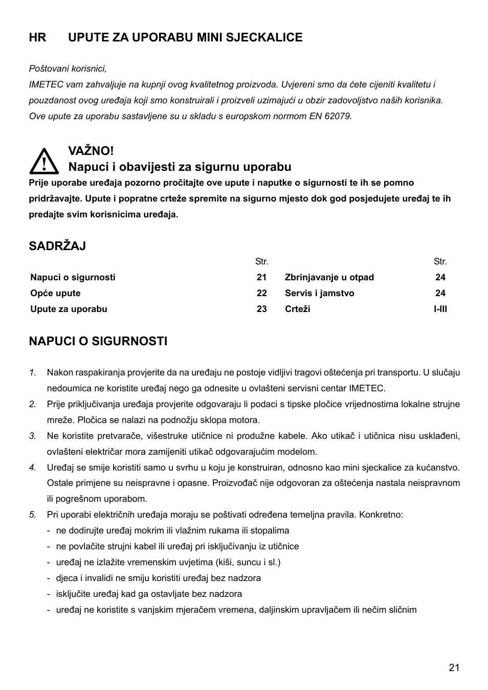 Upute za uporabu mini sjeckalice, Napu, Važno | Napuci i obavijesti za sigurnu uporabu, Sadržaj, Ci o sigurnosti | Imetec BIMBO HM3 User Manual | Page 23 / 30