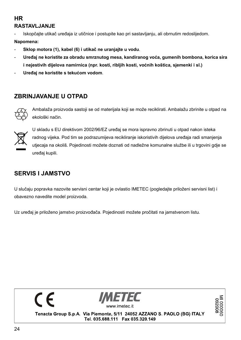 U otpad, Zbrinjavanje, Servis i jamstvo | Imetec BIMBO HM3 User Manual | Page 26 / 30