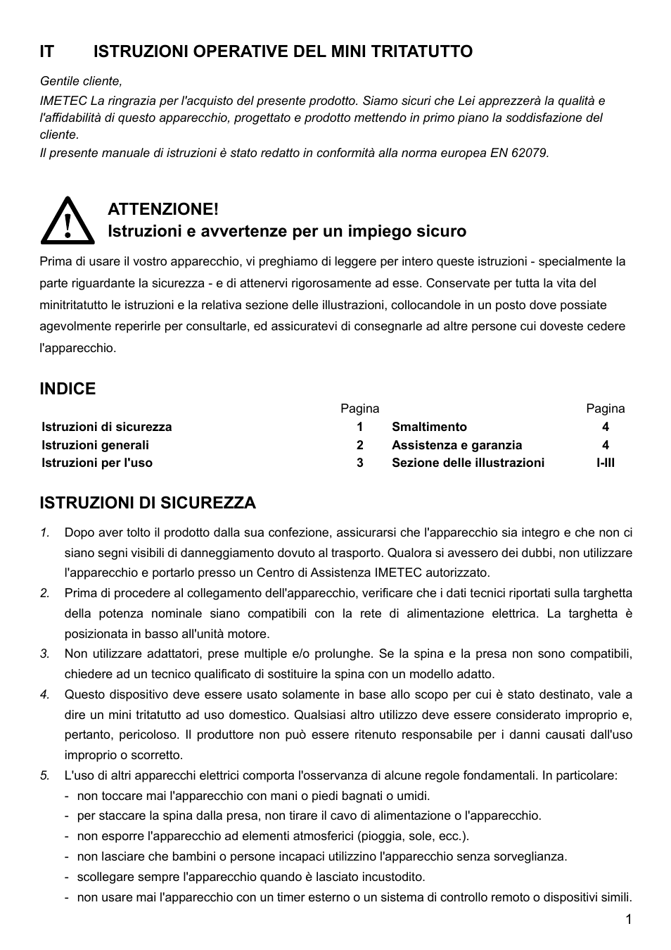 It istruzioni operative del mini tritatutto, Indice, Istruzioni di sicurezza | Imetec BIMBO HM3 User Manual | Page 3 / 30