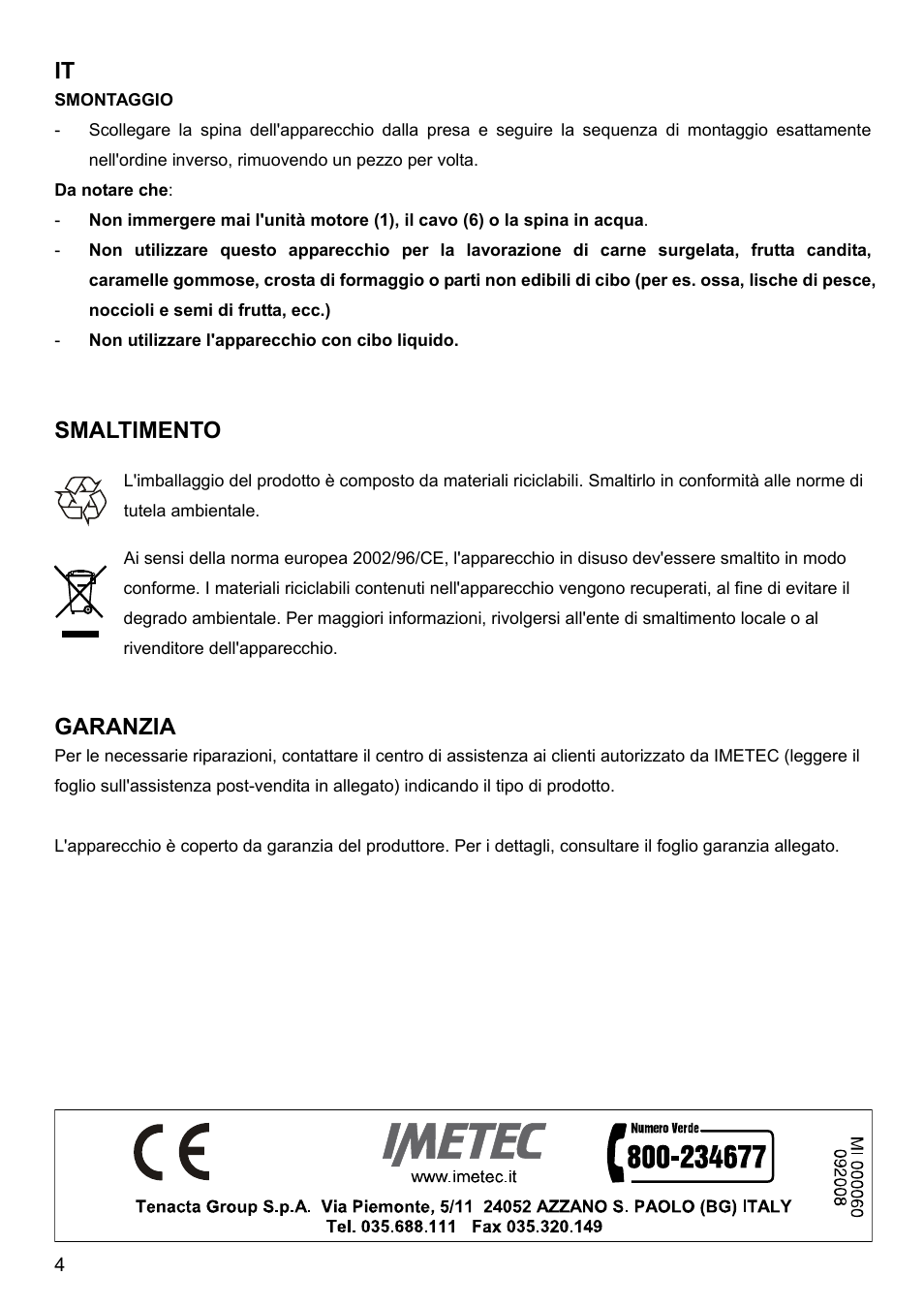 Smaltimento, Garanzia | Imetec BIMBO HM3 User Manual | Page 6 / 30