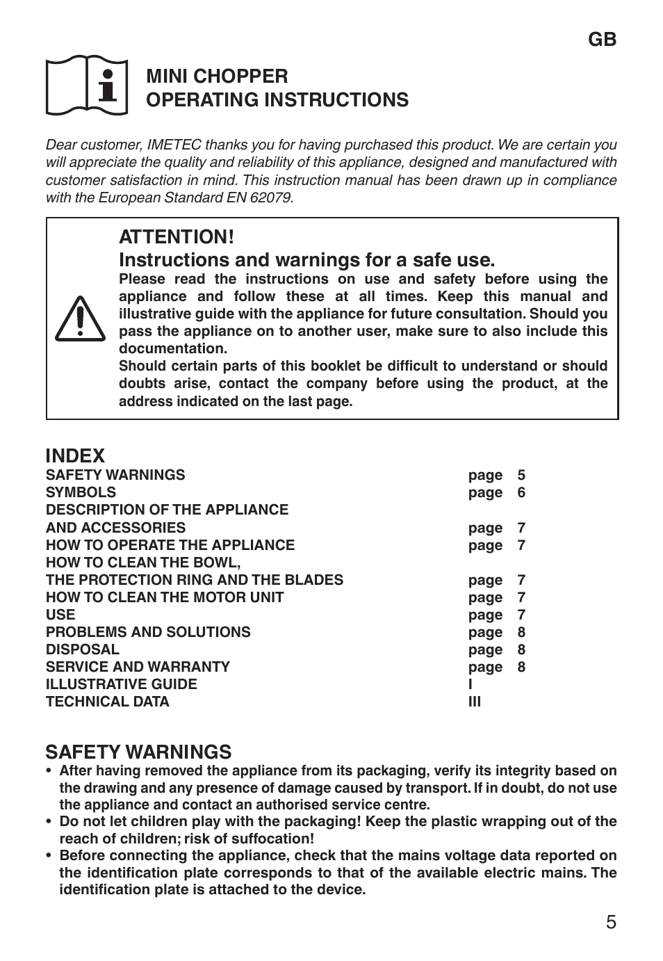 Gb mini chopper operating instructions, Index, Safety warnings | Imetec ECO CH User Manual | Page 10 / 30