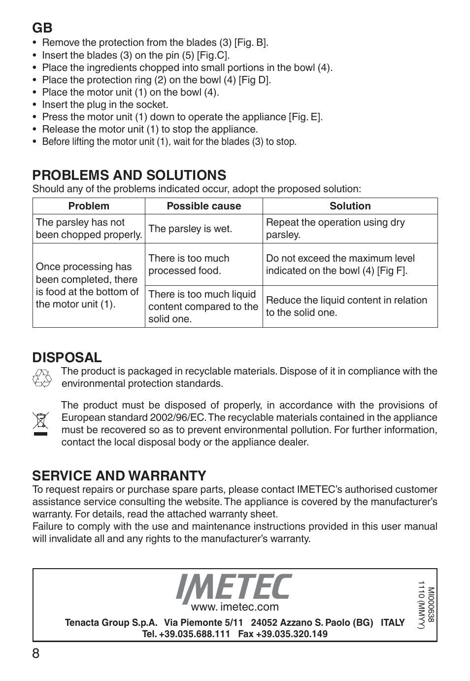 Problems and solutions, Disposal, Service and warranty | Imetec ECO CH User Manual | Page 13 / 30