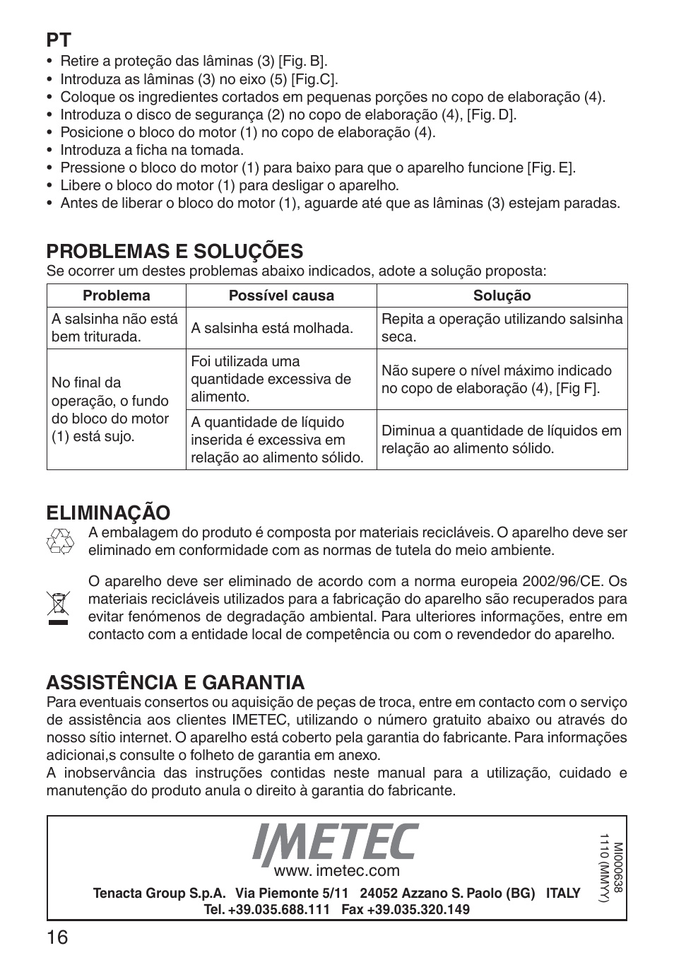 Problemas e soluções, Eliminação, Assistência e garantia | Imetec ECO CH User Manual | Page 21 / 30